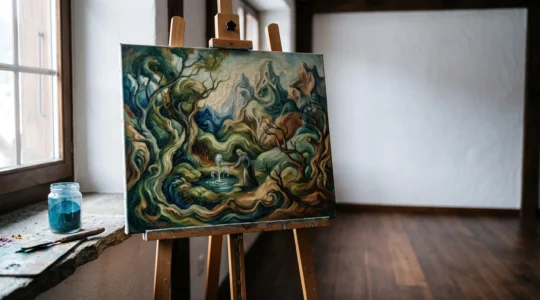Gros plan artistique sur une toile ancienne montrant des craquelures fines dans la couche picturale, éclairée par une lumière naturelle douce