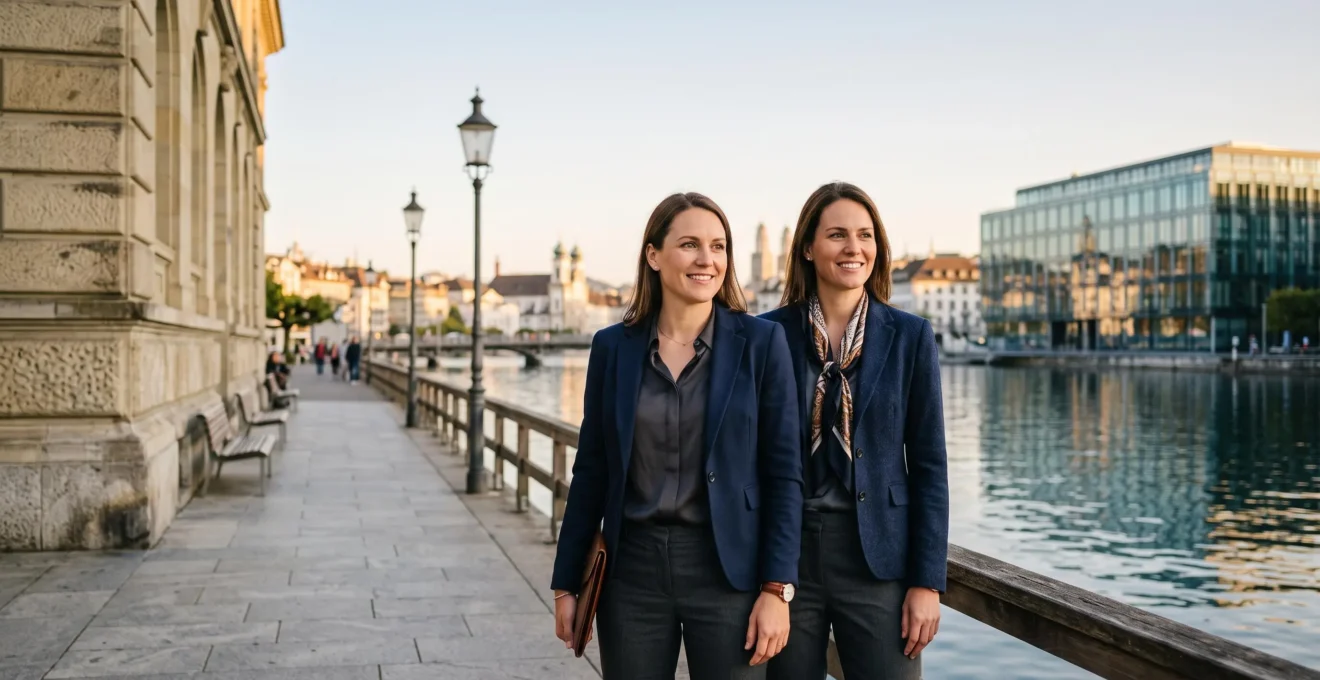 Professionnel du secteur culturel suisse debout entre un bâtiment institutionnel et un immeuble d'affaires moderne, symbolisant l'équilibre financier trouvé entre passion culturelle et stabilité économique