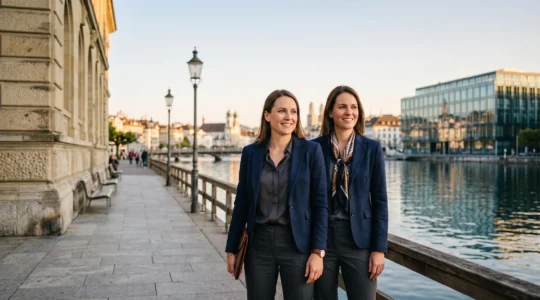 Professionnel du secteur culturel suisse debout entre un bâtiment institutionnel et un immeuble d'affaires moderne, symbolisant l'équilibre financier trouvé entre passion culturelle et stabilité économique