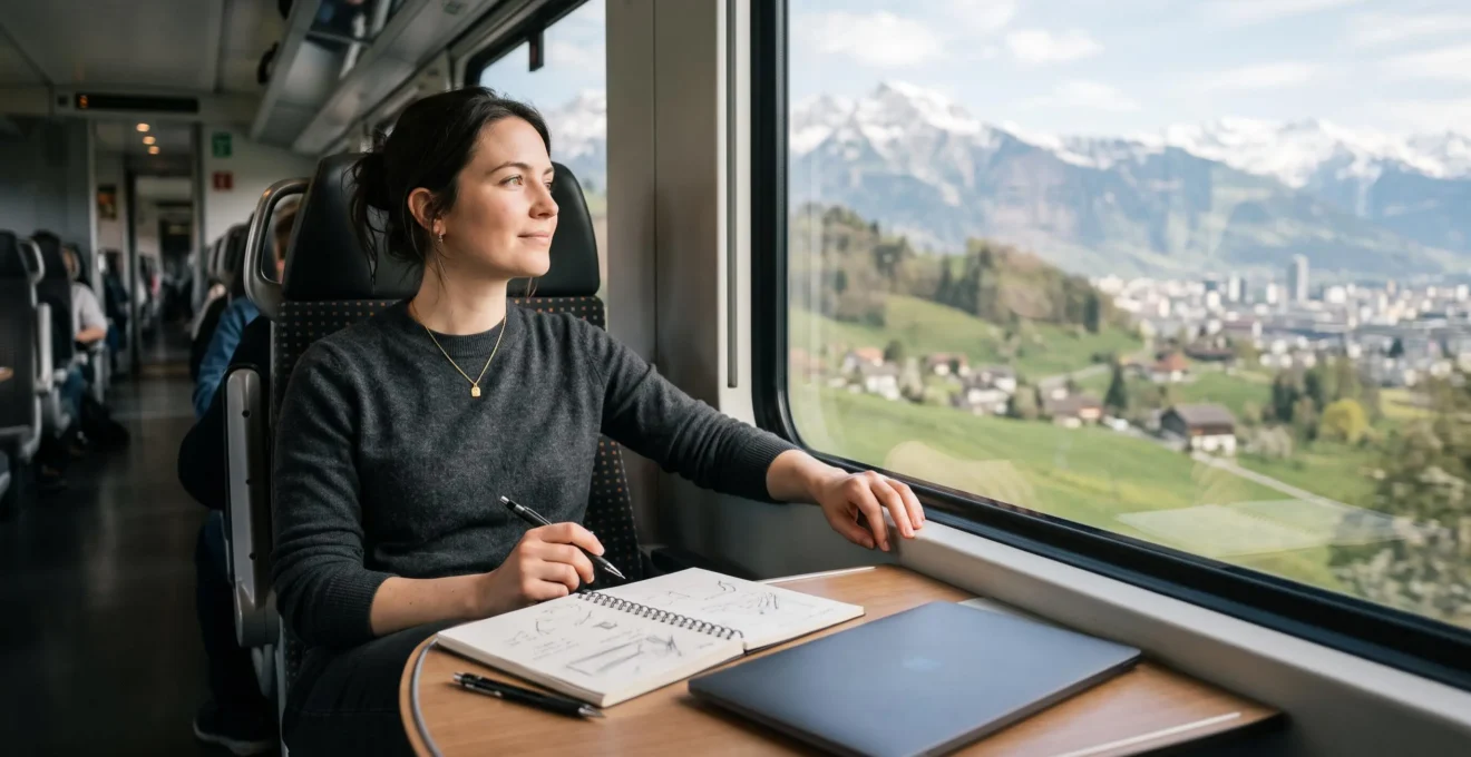 Professionnel suisse regardant par la fenêtre d'un train, en transition entre carrière technique et aspiration créative