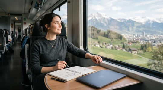Professionnel suisse regardant par la fenêtre d'un train, en transition entre carrière technique et aspiration créative