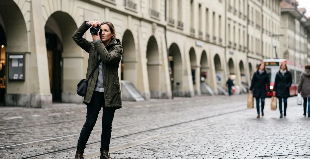 Photographe de rue capturant un instant spontané dans une ville suisse ordonnée, entre architecture épurée et vie urbaine imprévisible