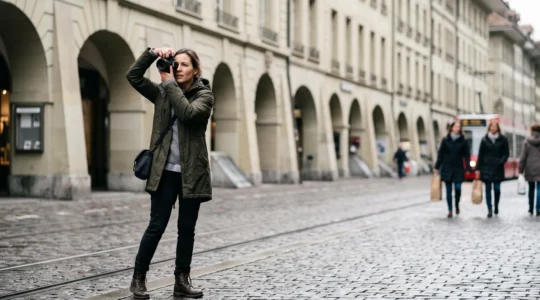 Photographe de rue capturant un instant spontané dans une ville suisse ordonnée, entre architecture épurée et vie urbaine imprévisible