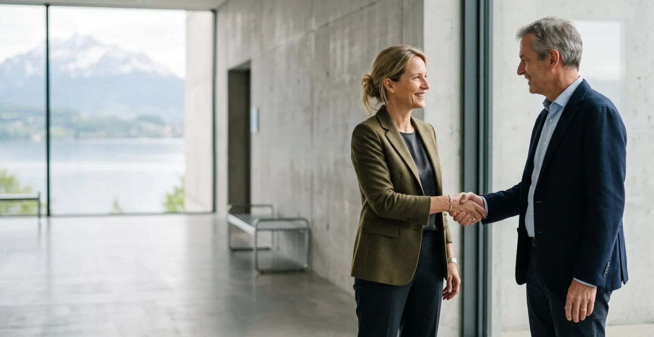Deux professionnels du secteur culturel suisse scellent une collaboration par une poignee de main sincere dans un espace museal epure