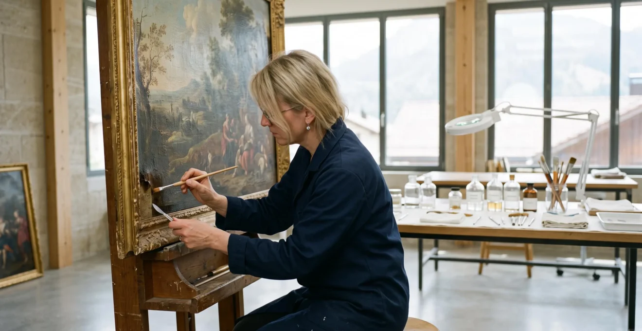 Restaurateur d'art suisse examinant minutieusement une toile ancienne du XVIIe siècle dans un atelier baigné de lumière naturelle