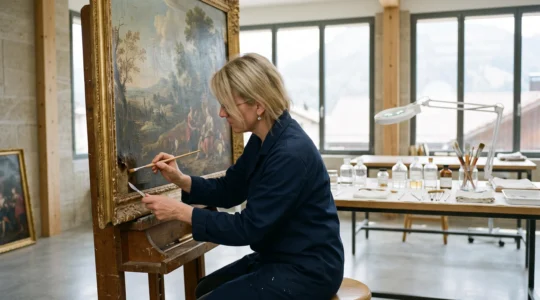 Restaurateur d'art suisse examinant minutieusement une toile ancienne du XVIIe siècle dans un atelier baigné de lumière naturelle