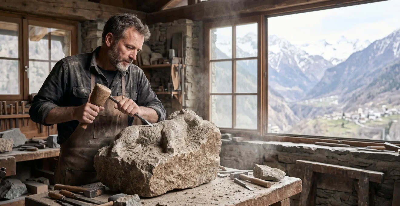 Sculpteur concentré taillant un bloc de pierre brute dans un atelier alpin suisse, geste précis au burin et à la massette
