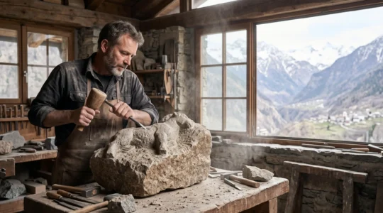 Sculpteur concentré taillant un bloc de pierre brute dans un atelier alpin suisse, geste précis au burin et à la massette
