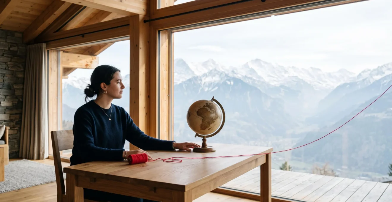 Jeune professionnelle suisse installée dans un bureau épuré face aux Alpes, connectée symboliquement au reste du monde