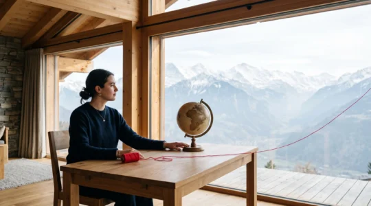 Jeune professionnelle suisse installée dans un bureau épuré face aux Alpes, connectée symboliquement au reste du monde