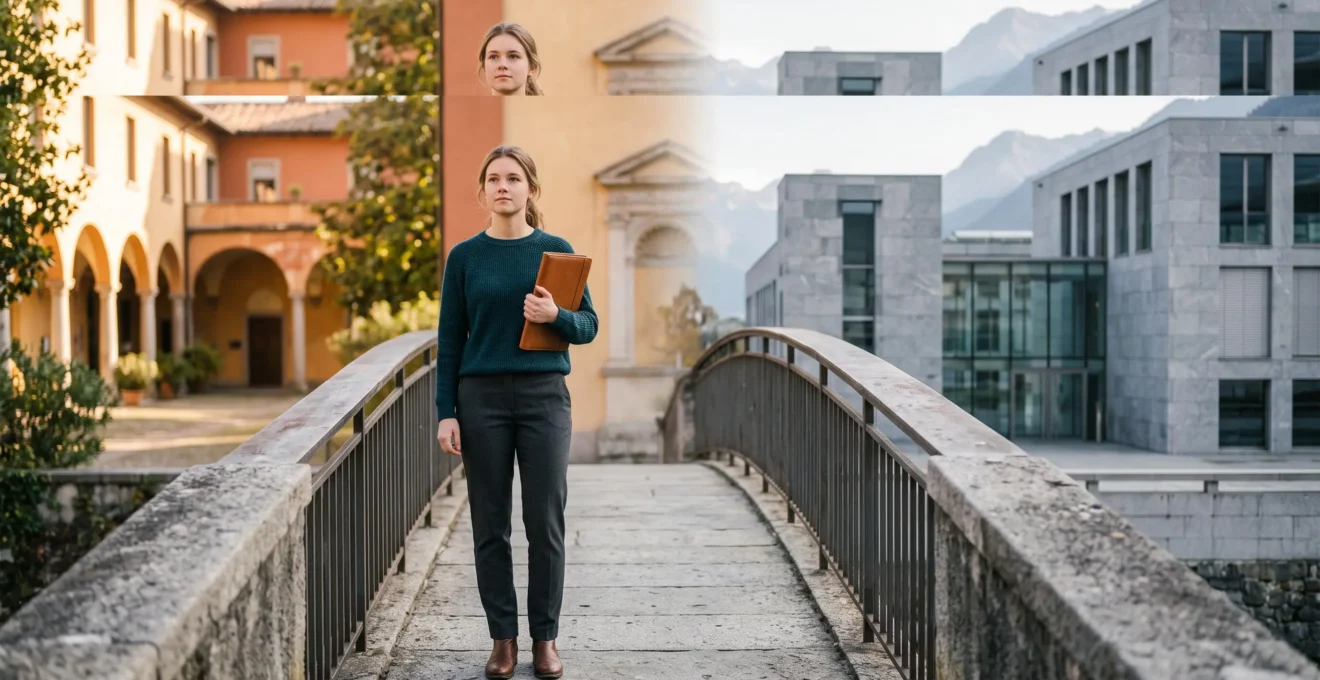 Étudiant contemplant un pont architectural symbolisant le passage entre deux systèmes universitaires européens et suisses