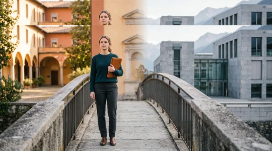 Étudiant contemplant un pont architectural symbolisant le passage entre deux systèmes universitaires européens et suisses