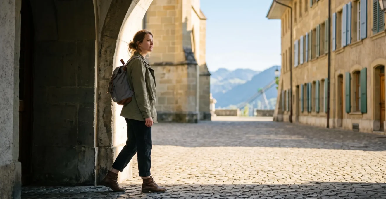 Jeune adulte suisse au bord d'une place urbaine europeenne, symbolisant le passage rapide entre deux niveaux de langue lors d'un sejour linguistique intensif