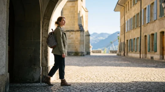 Jeune adulte suisse au bord d'une place urbaine europeenne, symbolisant le passage rapide entre deux niveaux de langue lors d'un sejour linguistique intensif