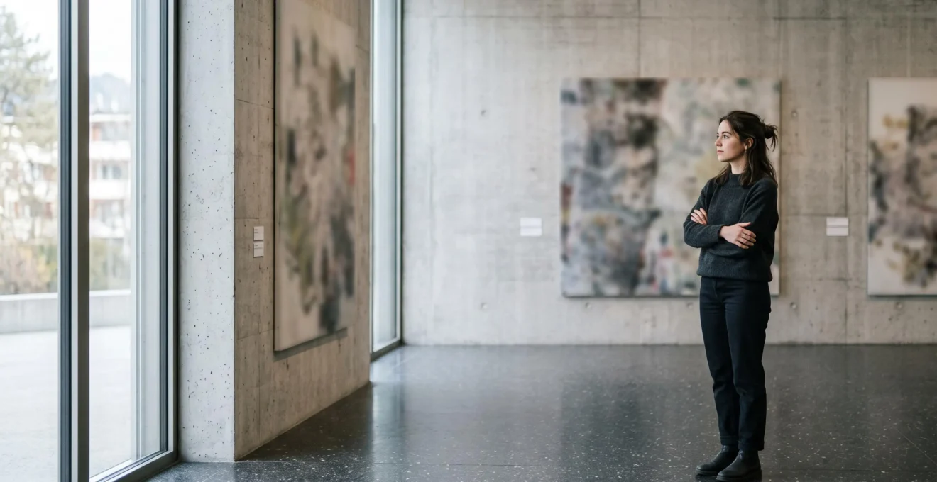 Jeune stagiaire pensif observant une salle d'exposition dans un musée suisse, entre rêve professionnel et réalité du terrain