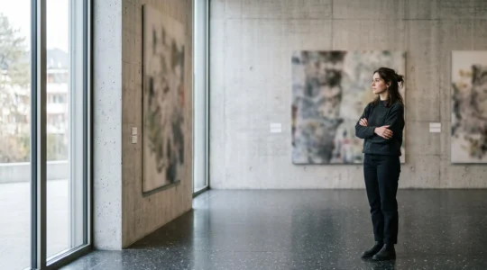 Jeune stagiaire pensif observant une salle d'exposition dans un musée suisse, entre rêve professionnel et réalité du terrain