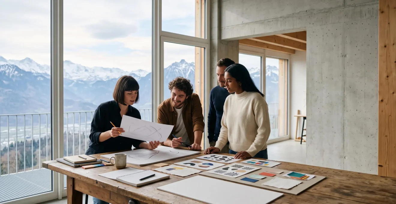 Espace de creation collaboratif lors d'un workshop intensif de design en Suisse, avec vue sur les Alpes
