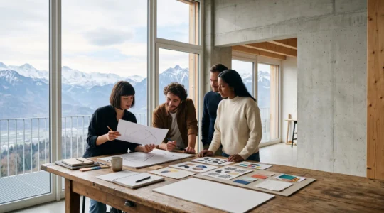 Espace de creation collaboratif lors d'un workshop intensif de design en Suisse, avec vue sur les Alpes